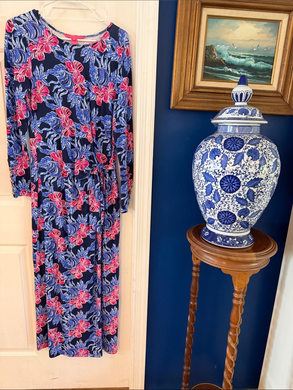Lilly Pulitzer Bryson LS Maxi Dress LowTide Navy its Ofishell Size Medium